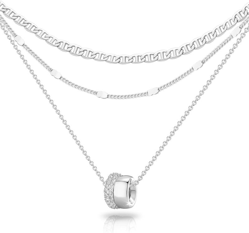 OGD Store Layered CZ Rondelle Pendant Necklaces for Women, 14K Gold Plated Trendy Mariner Chain Dainty Circle Rondelle Pendant Choker Necklace for Women Two-Toned Cubic Zirconia Gold Necklace - Image 1